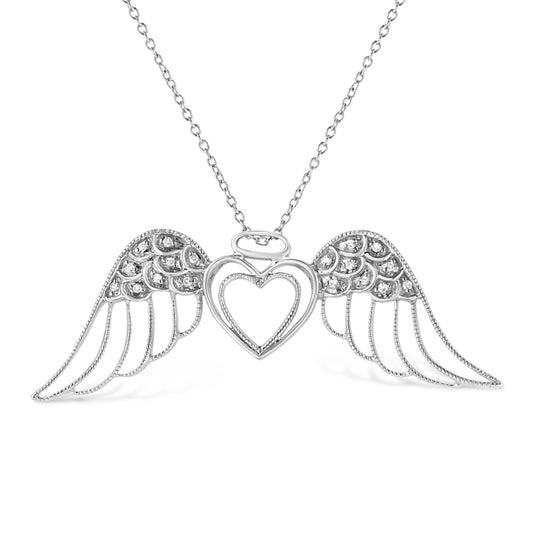 Sterling silver angel wing double-heart pendant necklace with pavé diamonds, 18-inch chain on Tampa Home & Garden Store