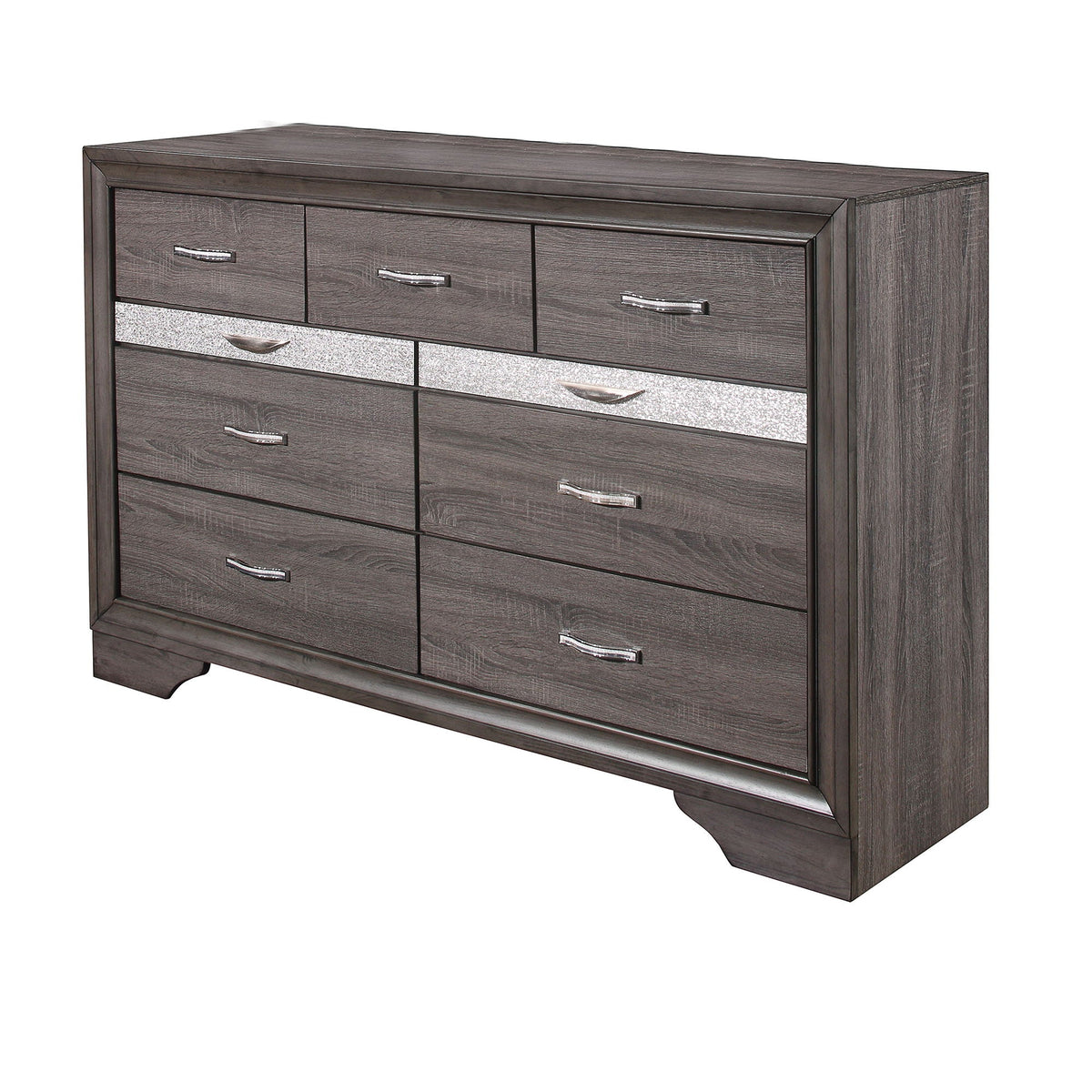 Sparkle Dresser with Jewelry Drawer gray wood finish, 3 top drawers, mirrored fronts on Tampa Home & Garden Store