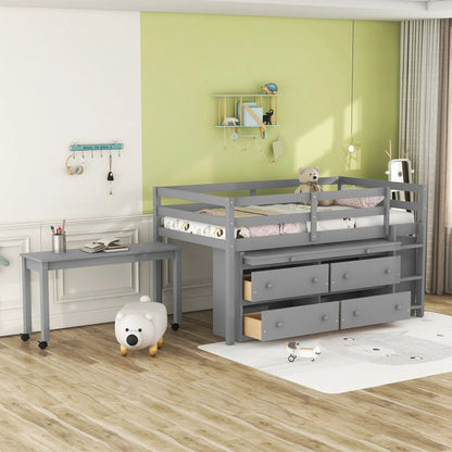 Loft bed with 4 drawers and retractable desk and lateral portable desk in gray with shelves on Tampa Home & Garden Store