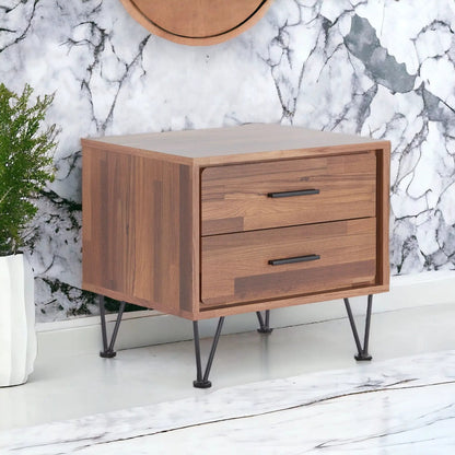 Deoss Walnut accent table by Unique Piece Furniture with drawers and black metal hairpin legs on Tampa Home & Garden Store