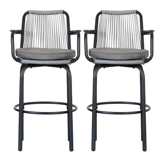 Outdoor bar stools 29H pair with woven rope back and gray cushions, black metal frames on Tampa Home & Garden Store