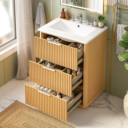 Bathroom vanity with sink in natural wood, open shelf and closed storage, chrome faucet on Tampa Home & Garden Store