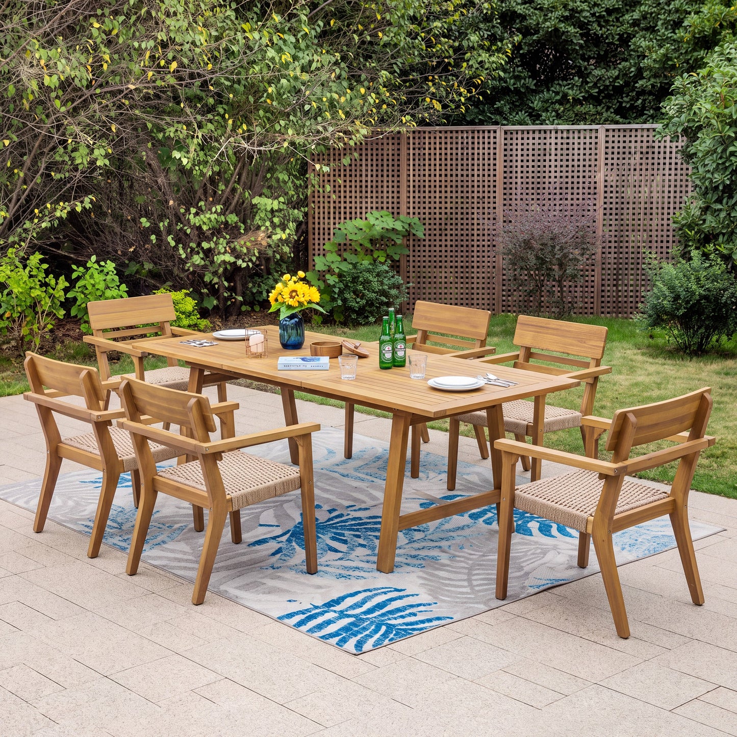 7-Piece Extendable Acacia Wood Outdoor Dining Set natural wood finish HouseOfZazla for patio on Tampa Home & Garden Store