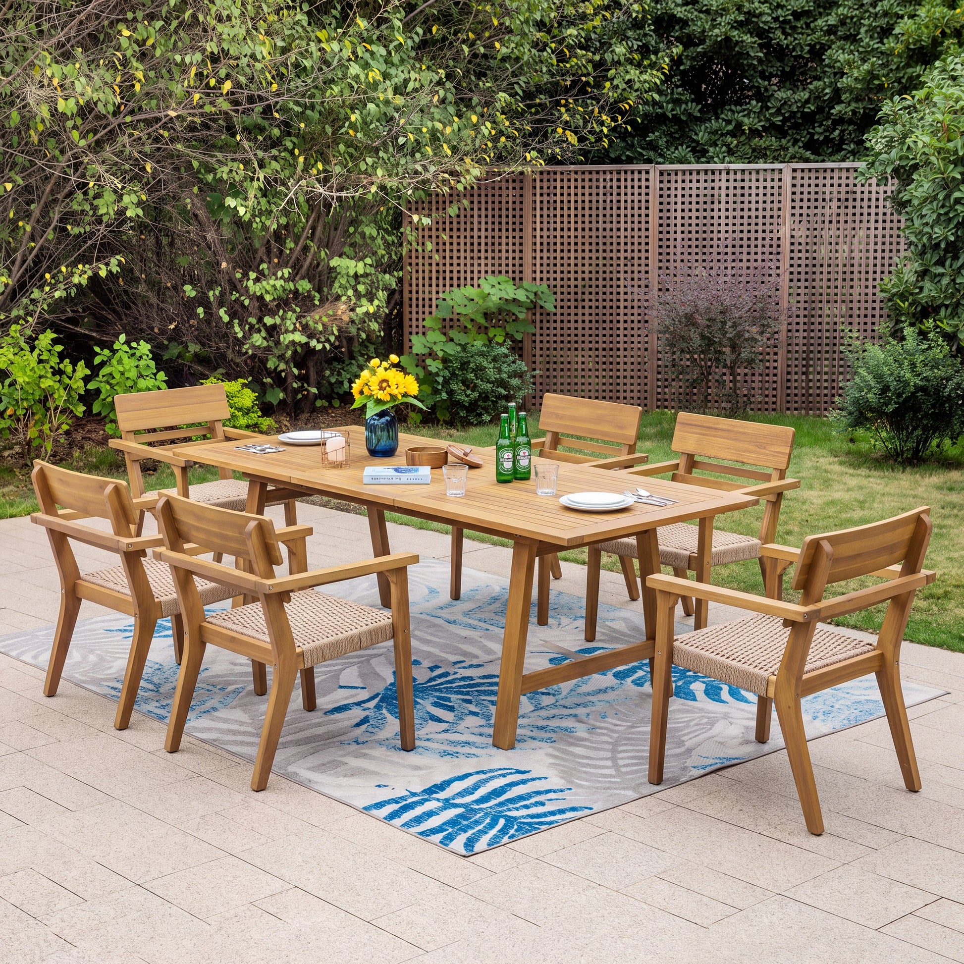 7-Piece Extendable Acacia Wood Outdoor Dining Set natural wood finish HouseOfZazla for patio on Tampa Home & Garden Store