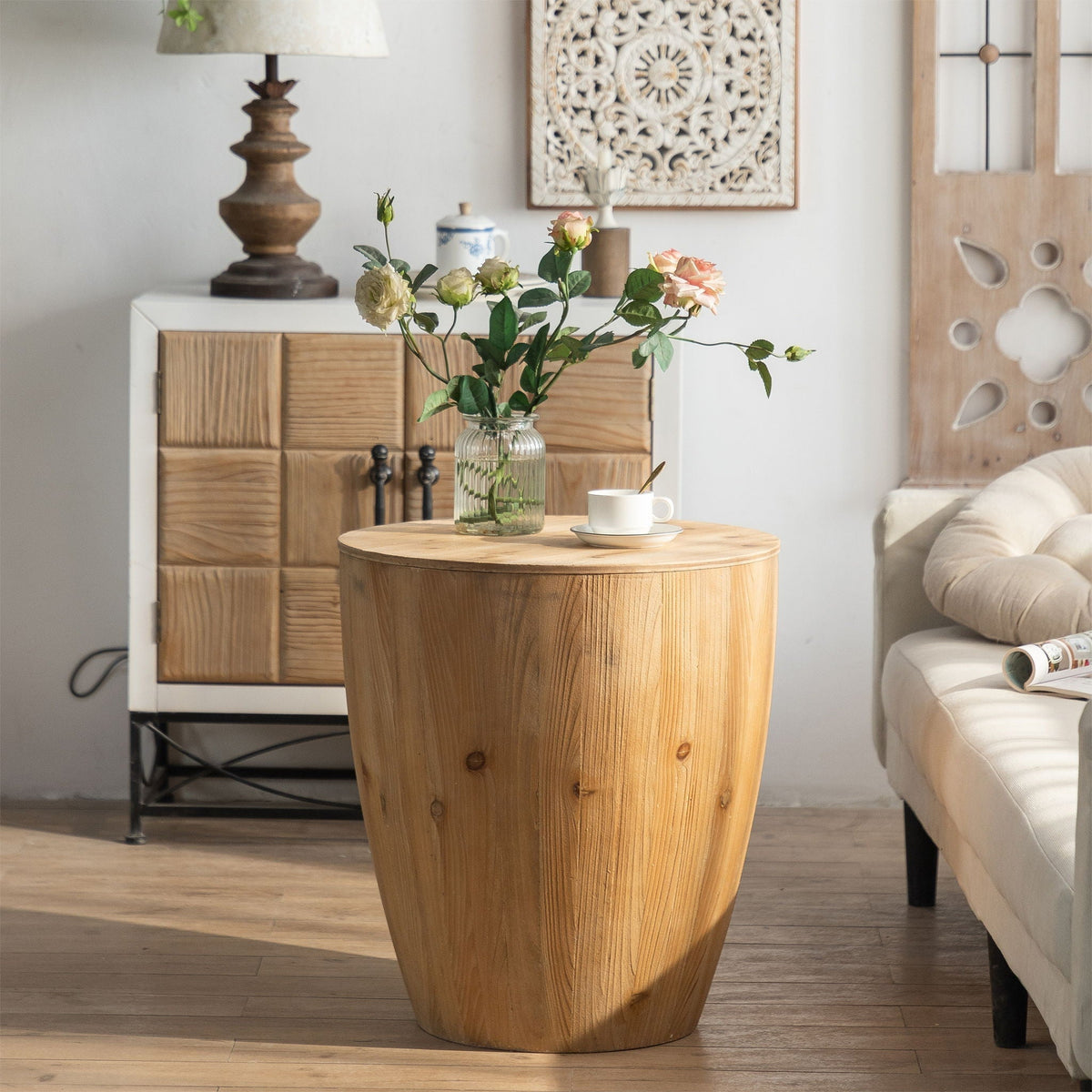 Vintage Style Barrel Coffee Table With Storage in natural wood finish, round design on Tampa Home & Garden Store