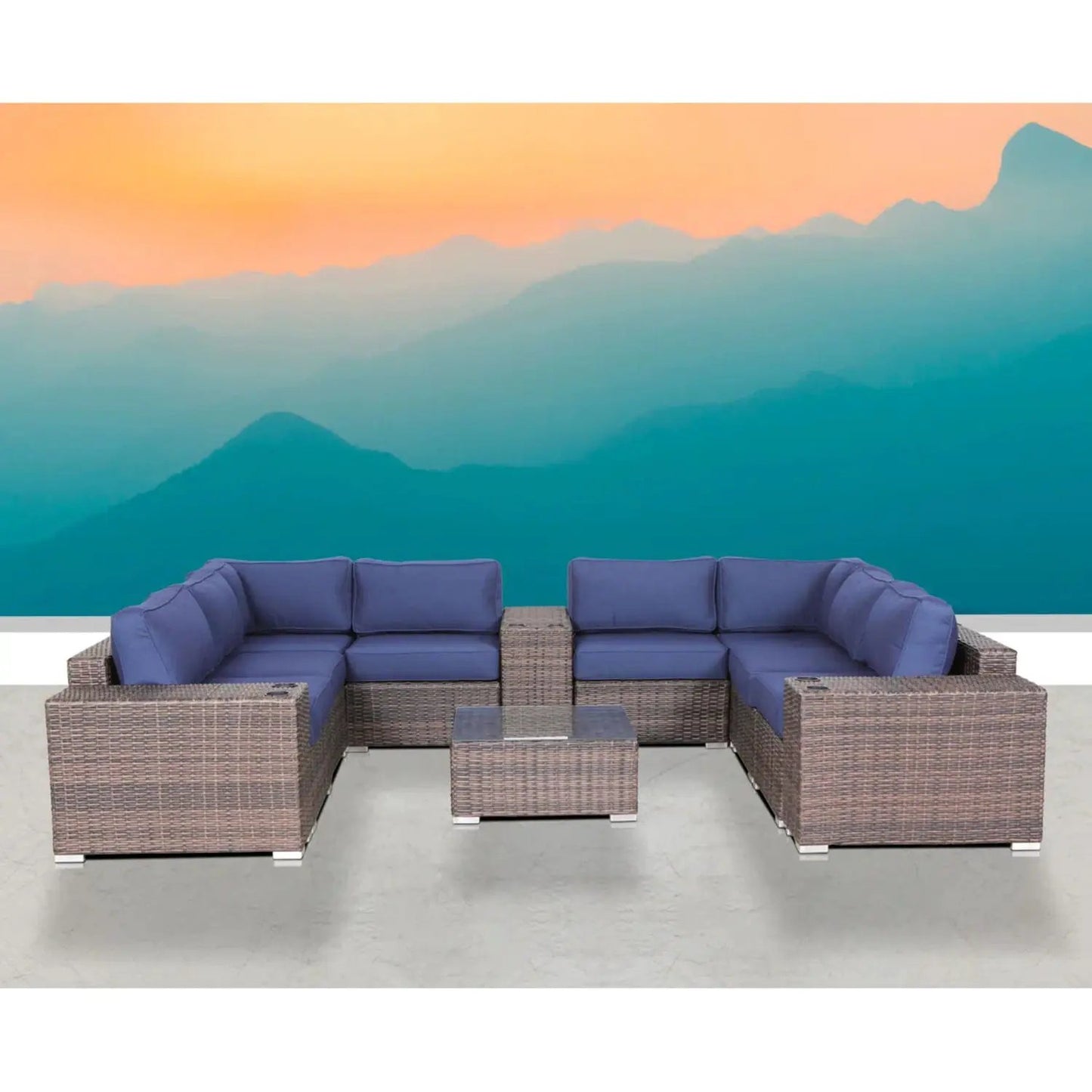 Modern Patio Rattan Sectional 2-Piece Set Cushions blue wicker Unique Piece Furniture on Tampa Home & Garden Store
