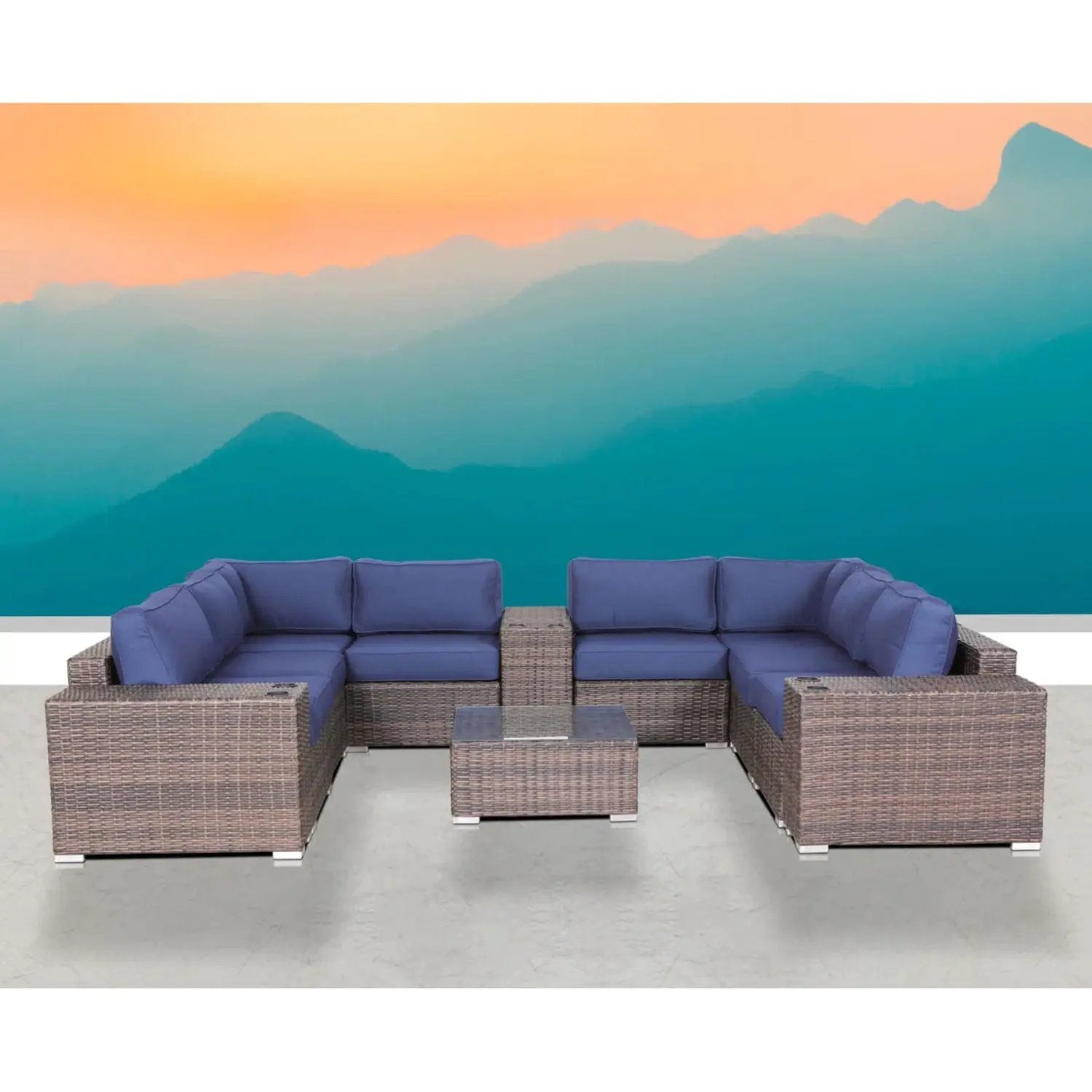 Modern Patio Rattan Sectional 2-Piece Set Cushions blue wicker Unique Piece Furniture on Tampa Home & Garden Store