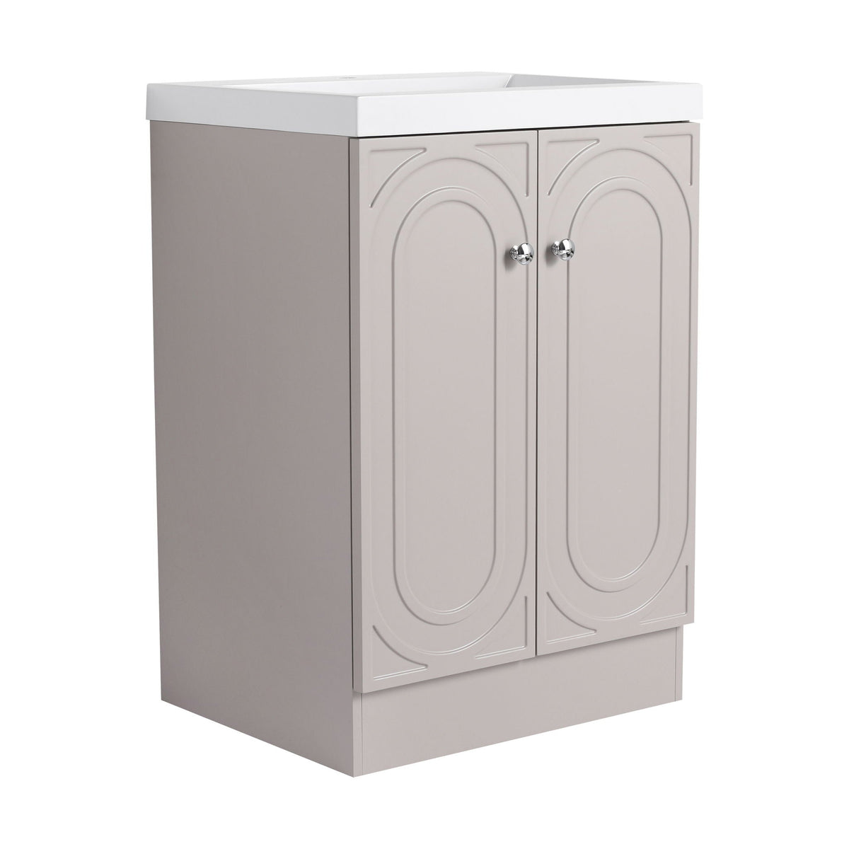 Freestanding vanity with resin sink, HouseOfZazla grey two-door cabinet with arched panel doors on Tampa Home & Garden Store
