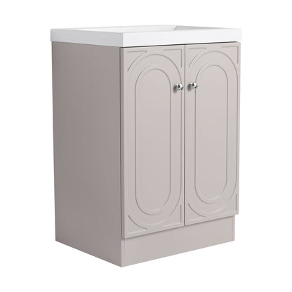 Freestanding vanity with resin sink, HouseOfZazla grey two-door cabinet with arched panel doors on Tampa Home & Garden Store