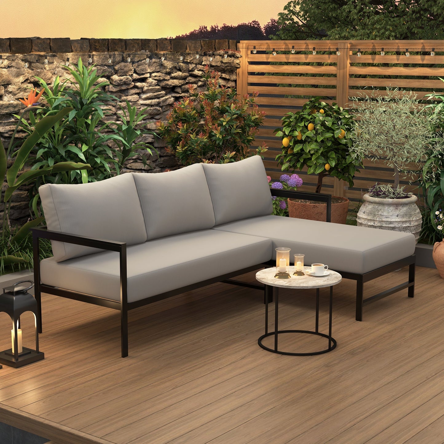 U_style outdoor L-shaped sofa with iron frame and ultra-thick gray cushions on a wooden deck on Tampa Home & Garden Store
