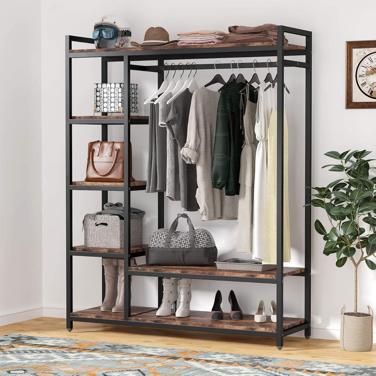 Free Standing Closet Organizer with 6 Shelves and Hanging Bar, brown/black by HouseOfZazla on Tampa Home & Garden Store