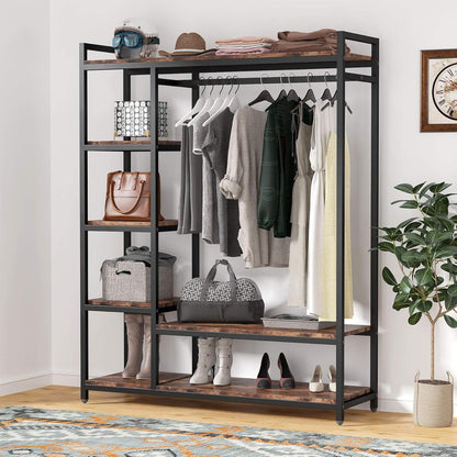 Free Standing Closet Organizer with 6 Shelves and Hanging Bar, brown/black by HouseOfZazla on Tampa Home & Garden Store