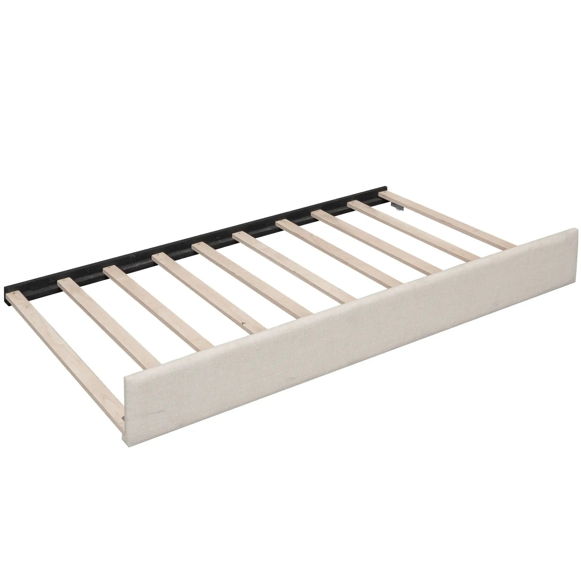 Platform Bed With USB Ports frame with wood slats and light gray upholstered sides on Tampa Home & Garden Store
