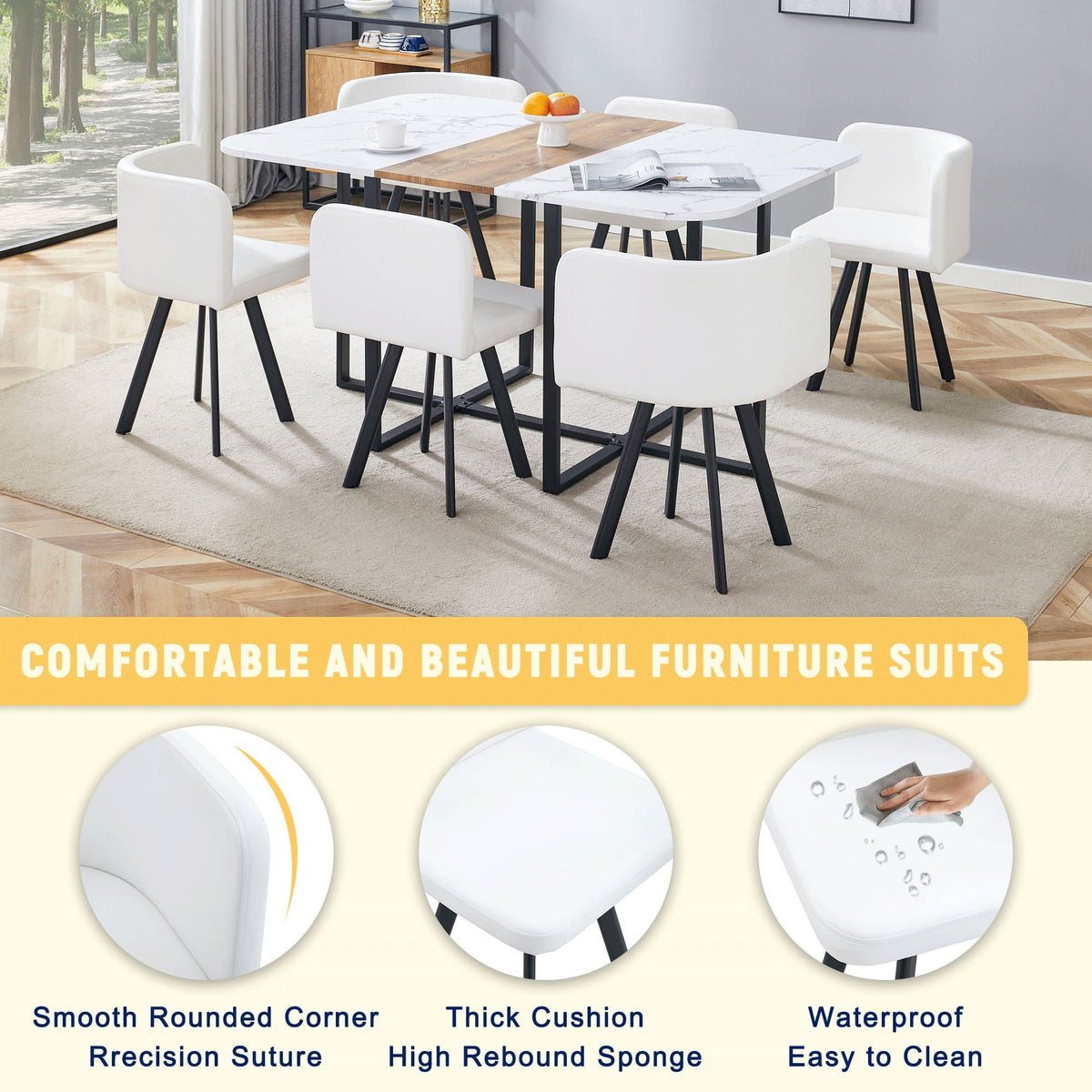 White dining chair set of 6 with black metal legs around a marble top table in a modern kitchen on Tampa Home & Garden Store