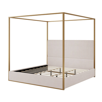 Luxury Canopy Bed by HouseOfZazla with upholstered headboard and gold metal frame on Tampa Home & Garden Store