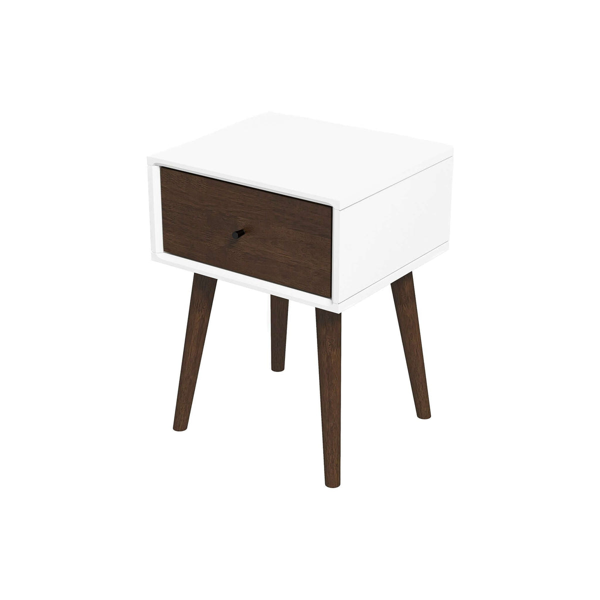 Accent nightstand by HouseOfZazla, white body with dark brown wood drawer and angled wood legs on Tampa Home & Garden Store