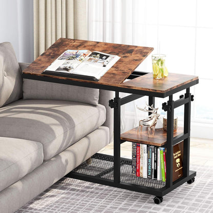 C-Shaped adjustable end table with tilting brown wood top and black metal frame, storage shelf on Tampa Home & Garden Store