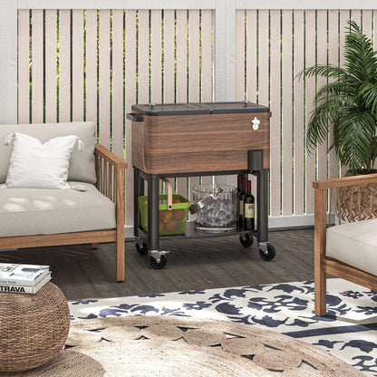 Outsunny outdoor cooler cart with wood veneer, black lid, rolling beverage chest and bottle storage on Tampa Home & Garden Store