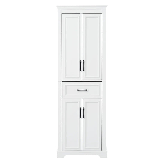 White freestanding bathroom vanity with two panel doors and a lower drawer, black hardware on Tampa Home & Garden Store