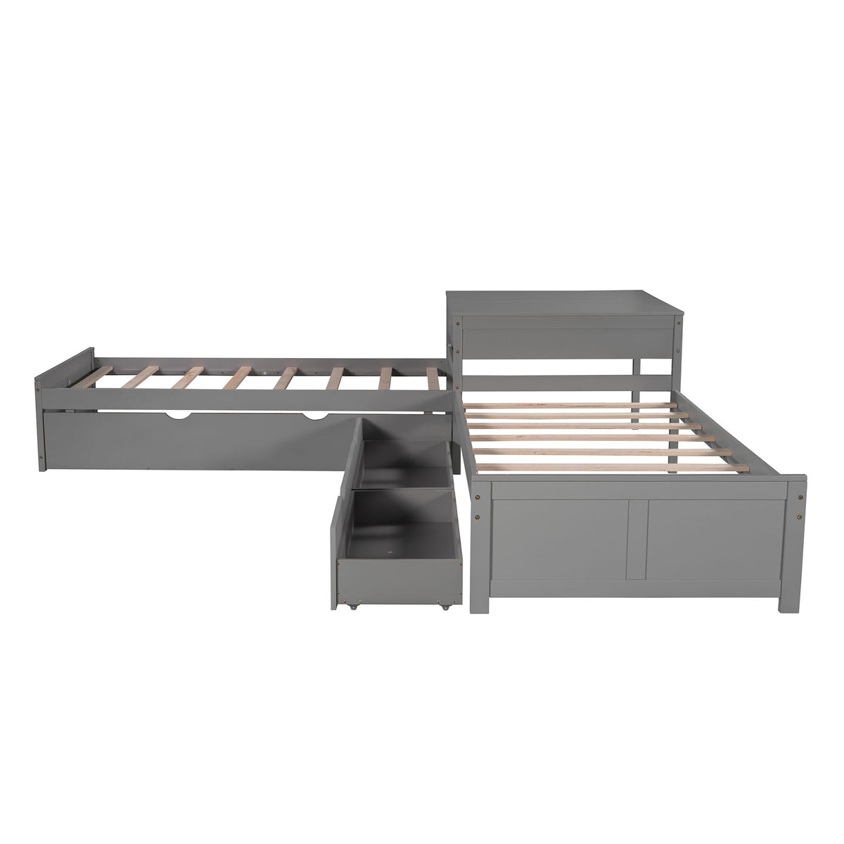 L shaped platform bed with built-in desk, gray finish, includes trundle and drawers, HouseOfZazla on Tampa Home & Garden Store