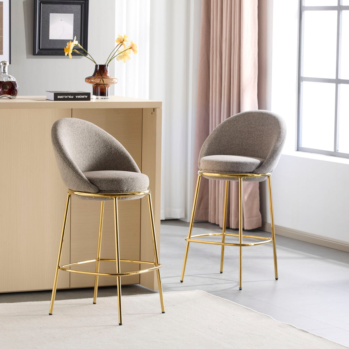 Celano Upholstered Barstools Set of 2, gray fabric with gold-tone metal legs HouseOfZazla on Tampa Home & Garden Store