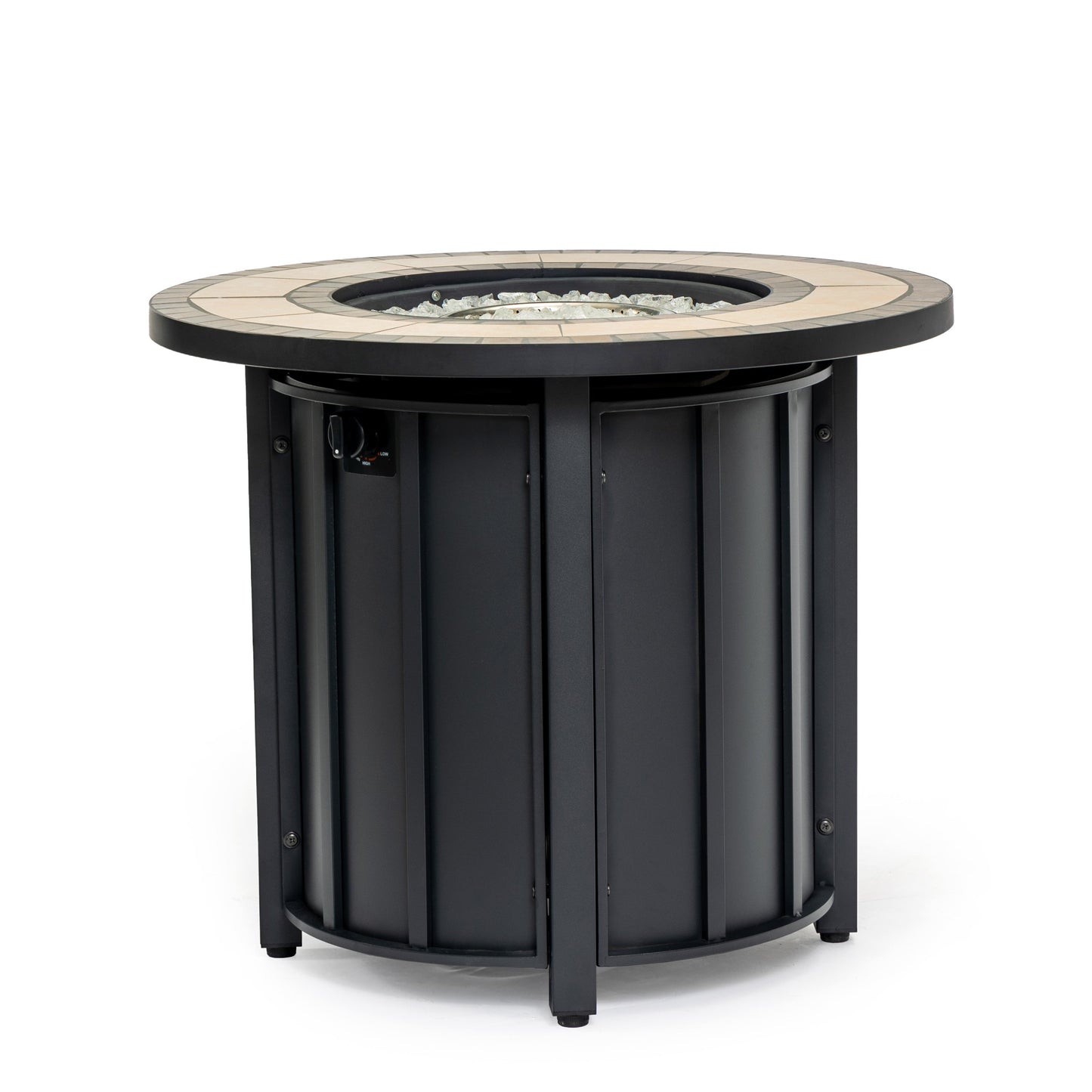 30-inch propane gas fire pit table with mosaic ceramic tabletop, black base and glass rocks on Tampa Home & Garden Store