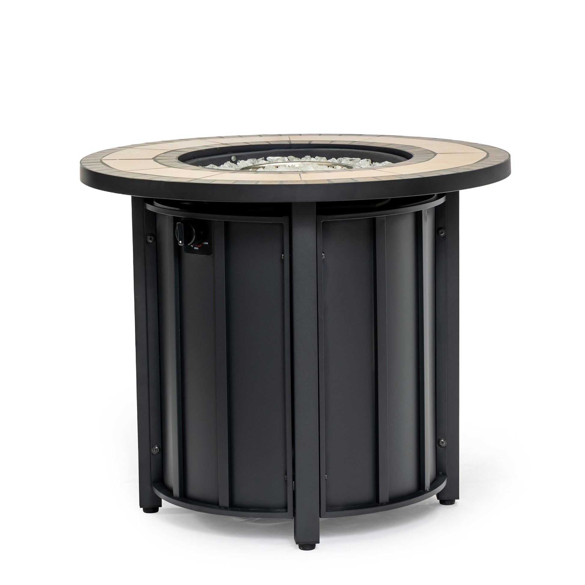 30-inch propane gas fire pit table with mosaic ceramic tabletop, black base and glass rocks on Tampa Home & Garden Store