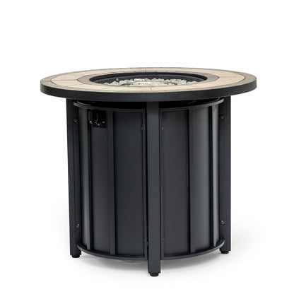 30-inch propane gas fire pit table with mosaic ceramic tabletop, black base and glass rocks on Tampa Home & Garden Store