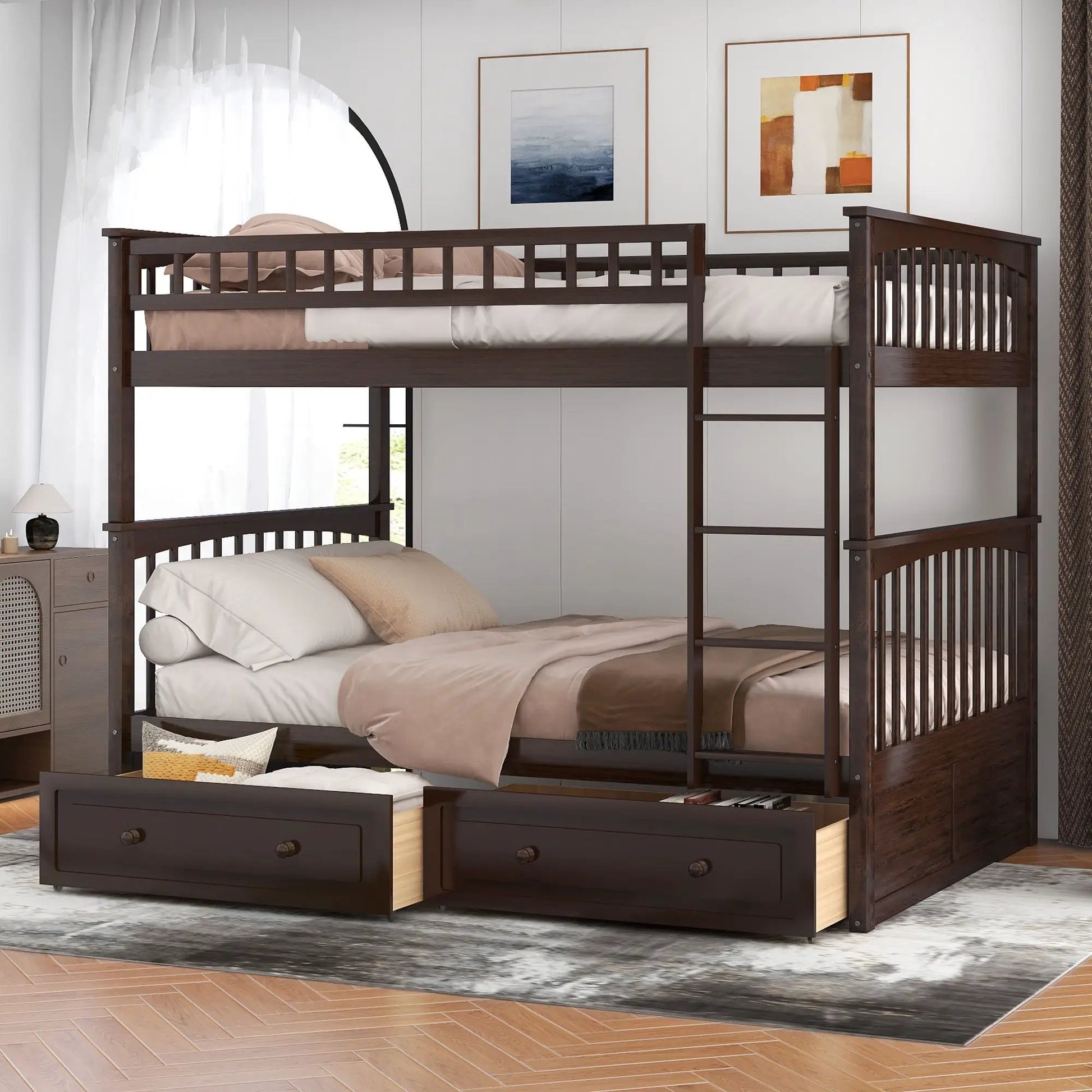 Bunk Bed With Drawers dark espresso wood, two-tier bunk with storage, convertible on Tampa Home & Garden Store