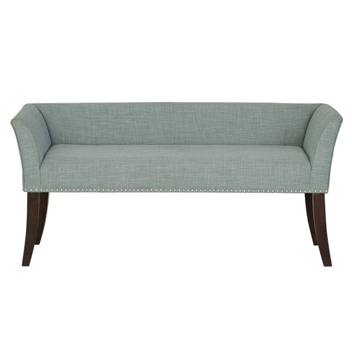 Welburn Upholstered Bench by HouseOfZazla in blue-gray fabric with low back and flared arms on Tampa Home & Garden Store