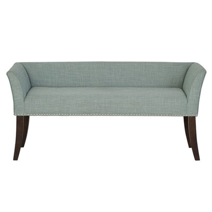 Welburn Upholstered Bench by HouseOfZazla in blue-gray fabric with low back and flared arms on Tampa Home & Garden Store