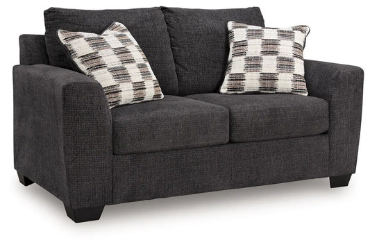 Loreo loveseat, dark gray fabric stationary sofa with two pillows by Unique Piece Furniture on Tampa Home & Garden Store
