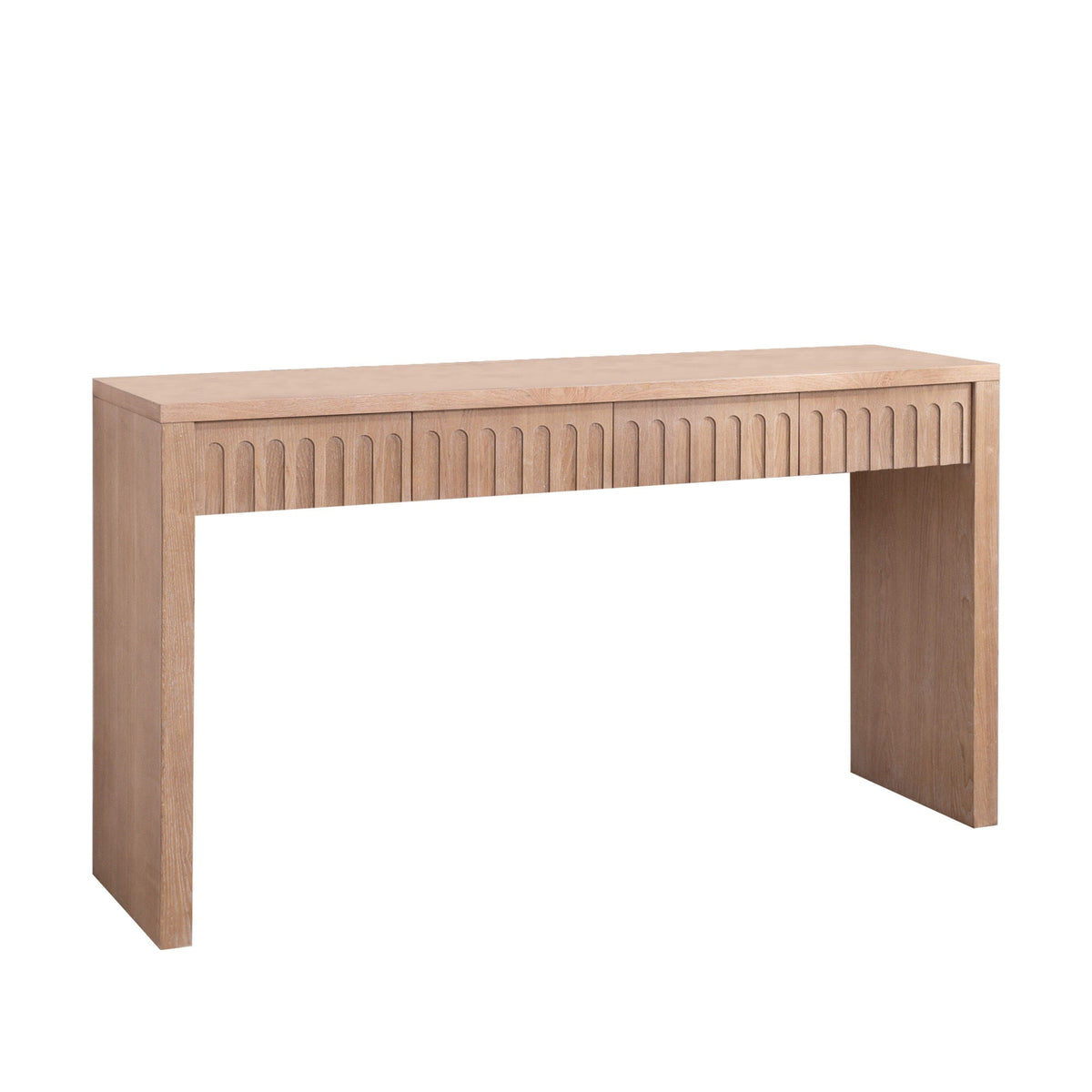 HouseOfZazla modern console table with 4 drawers in natural wood finish and carved arched fronts on Tampa Home & Garden Store