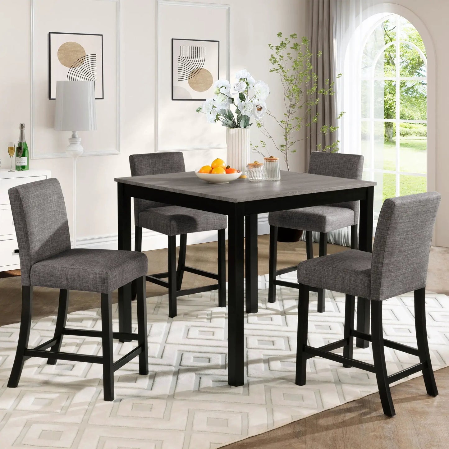 5 Piece Counter Height Table Set square table and 4 gray upholstered chairs on Tampa Home & Garden Store