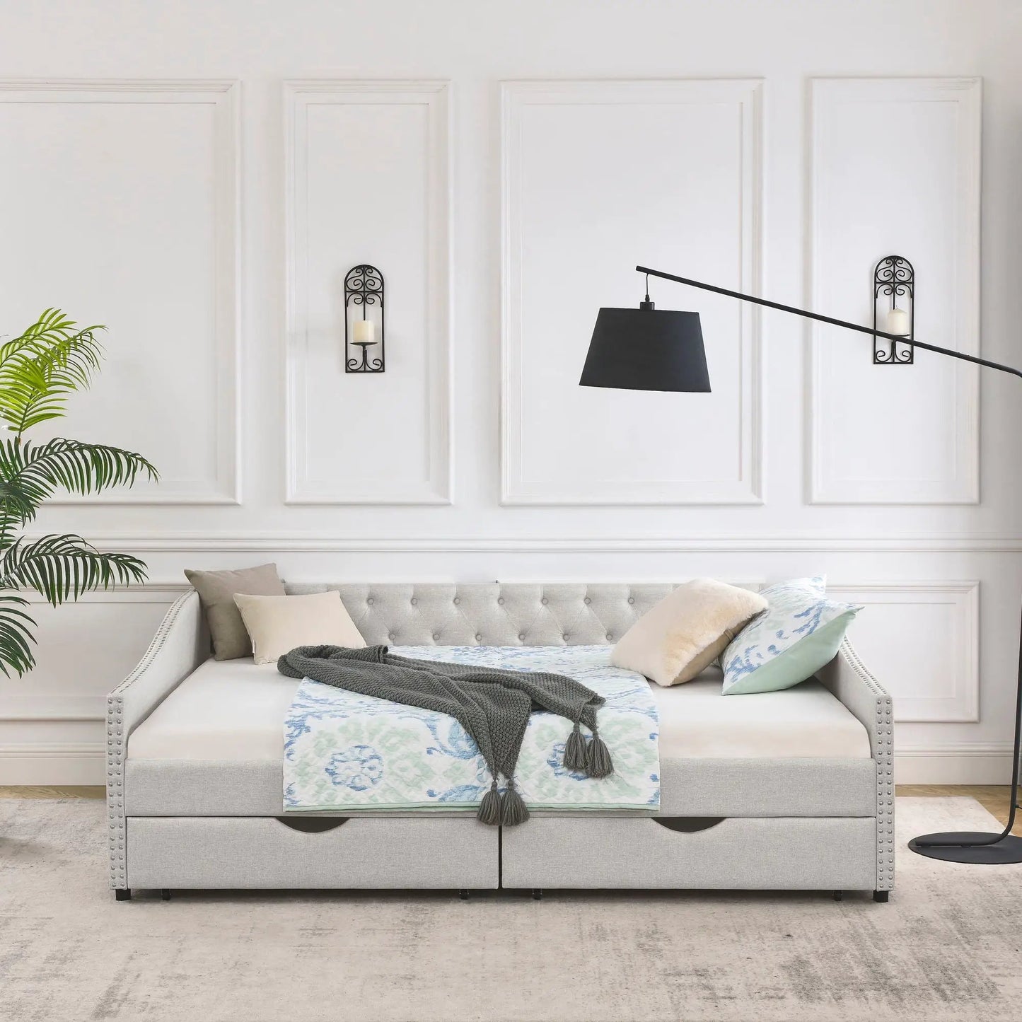 Upholstered Tufted Daybed With Drawers Waved Arms