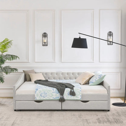 Upholstered Tufted Daybed With Drawers Waved Arms