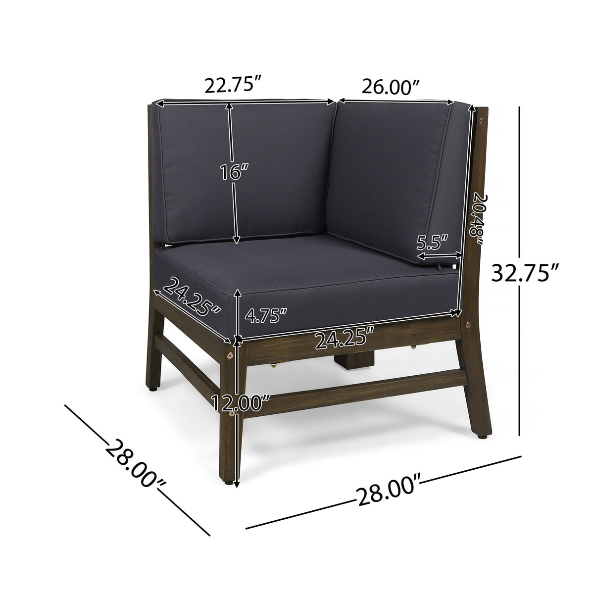 Perla Corner Chair with water-resistant cushions dark gray by HouseOfZazla, wooden frame on Tampa Home & Garden Store