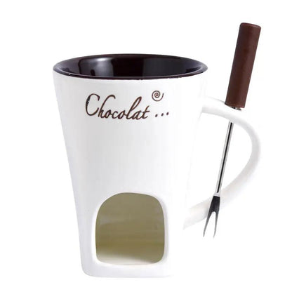 Ceramic Chocolate Cup Hot Pot Stove FLIPSTYLEZLLC white cup with brown interior and metal fork on Tampa Home & Garden Store