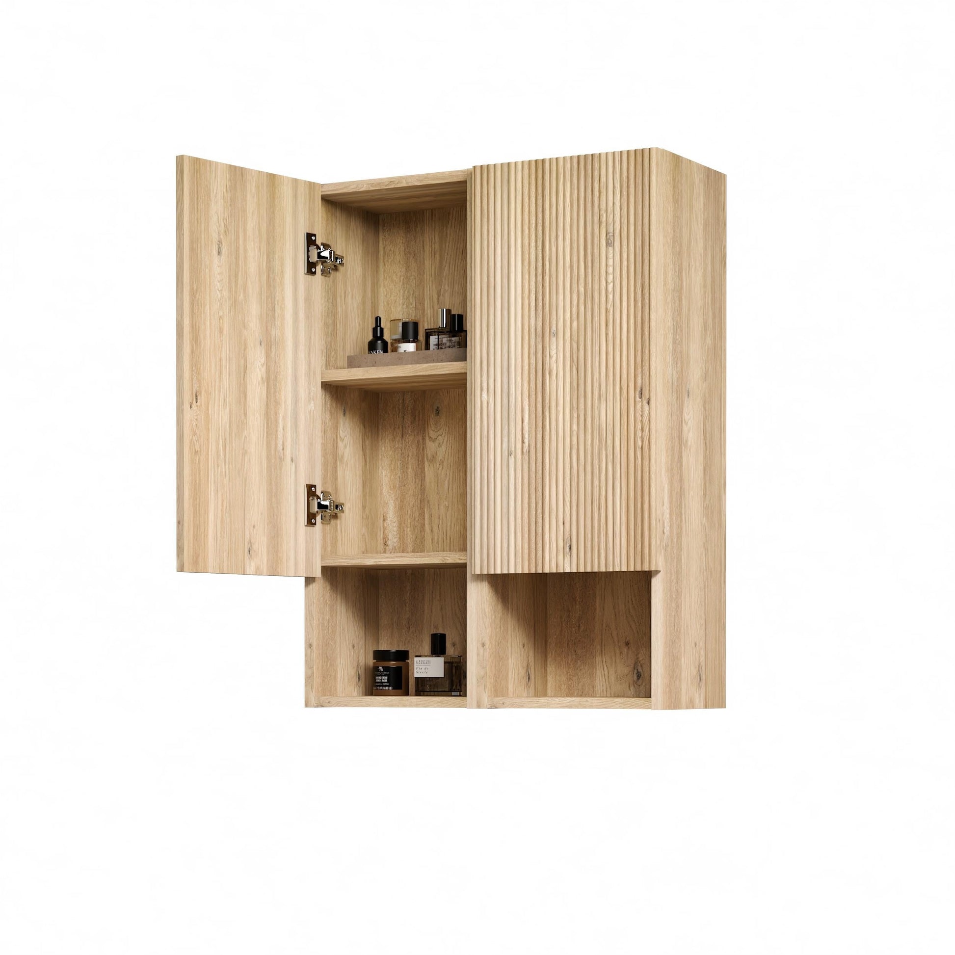 Abay Home Chic Striped Texture bathroom storage cabinet with wood doors and interior shelves on Tampa Home & Garden Store