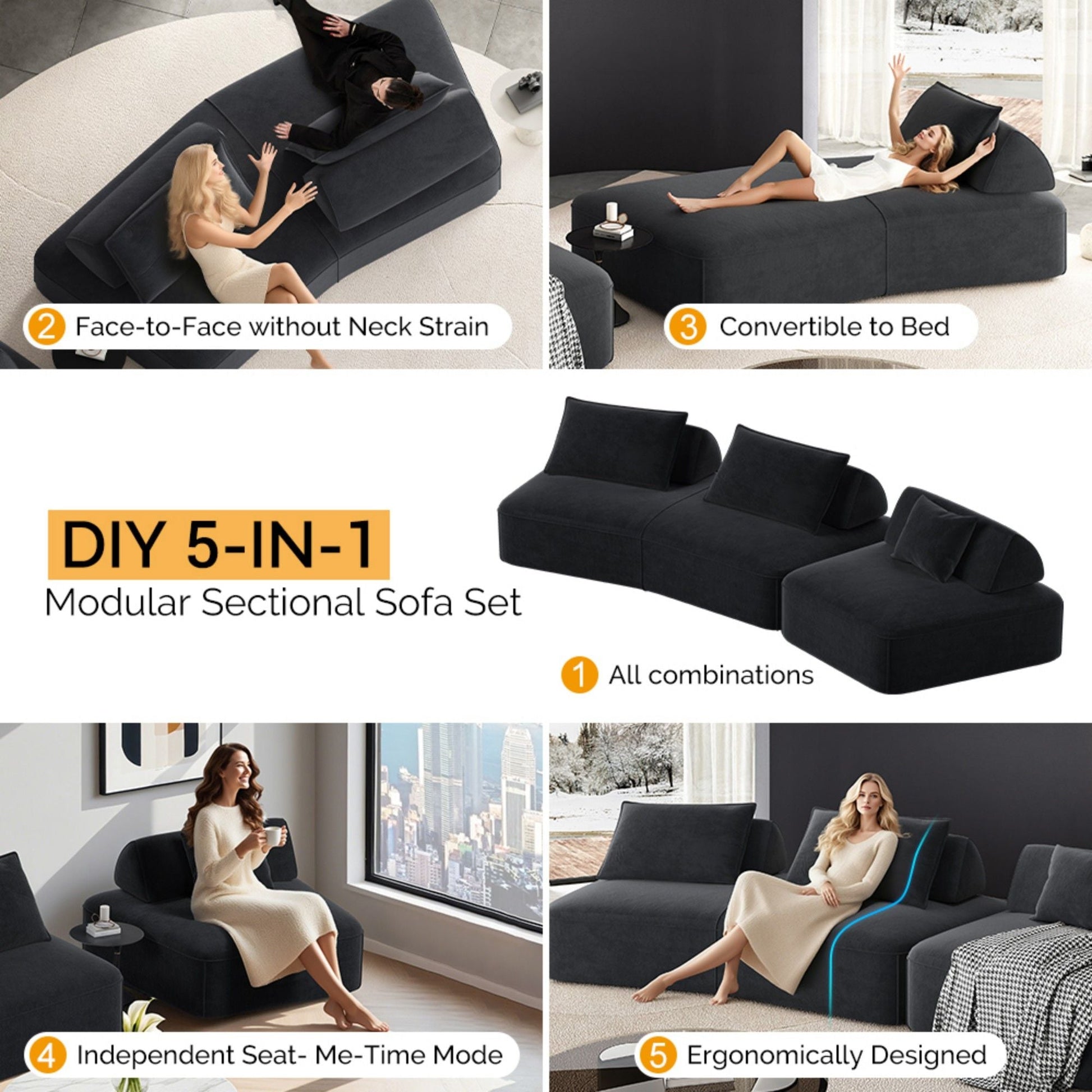Modern Luxury Oversized Modular Sectional Sofa Set in dark charcoal fabric HouseOfZazla on Tampa Home & Garden Store