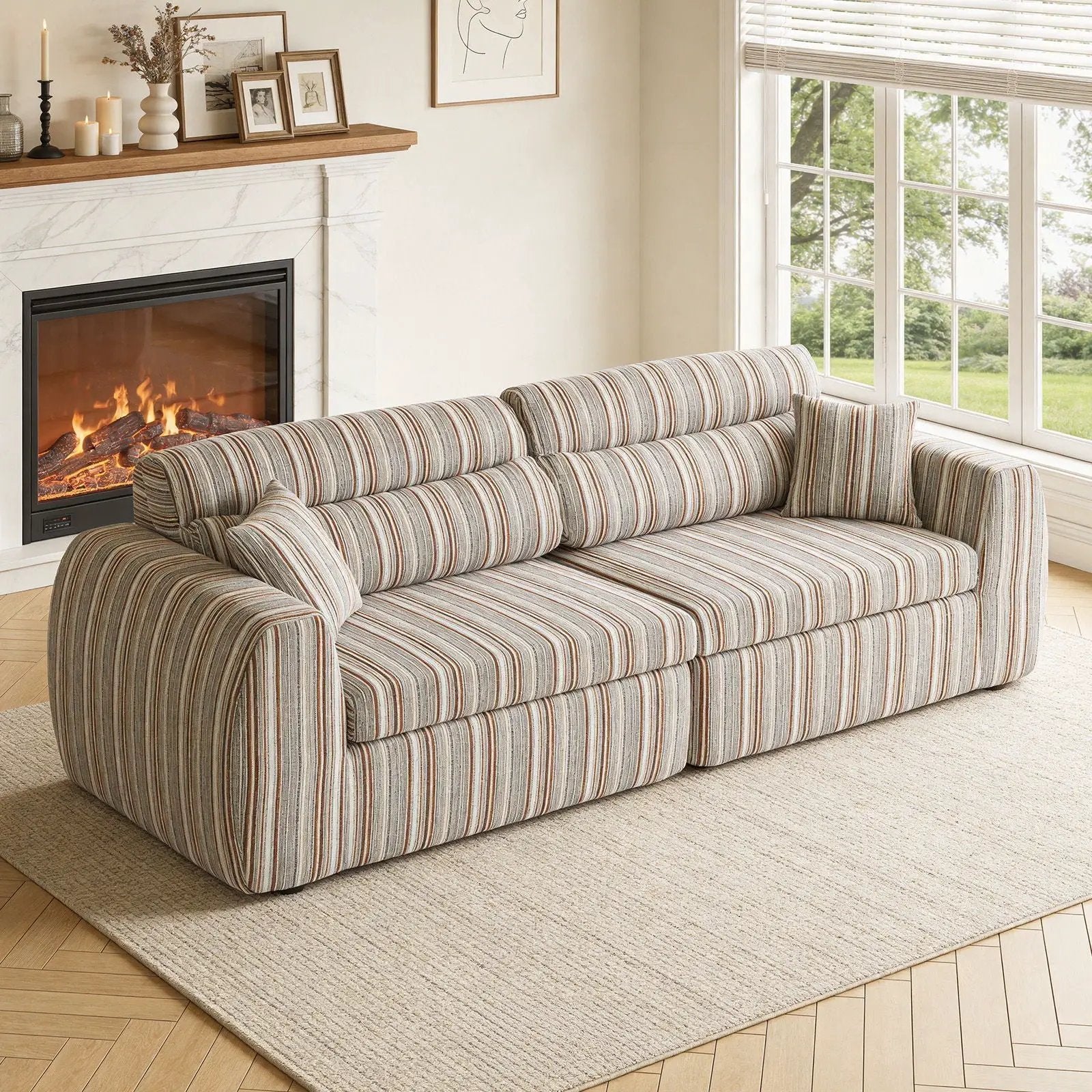3 Seater striped sofa by Unique Piece Furniture with throw pillows in a sunlit living room on Tampa Home & Garden Store