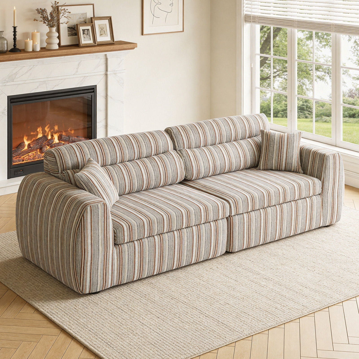 3 Seater Stationary Sofa with Throw Pillows striped beige-brown fabric by HouseOfZazla on Tampa Home & Garden Store
