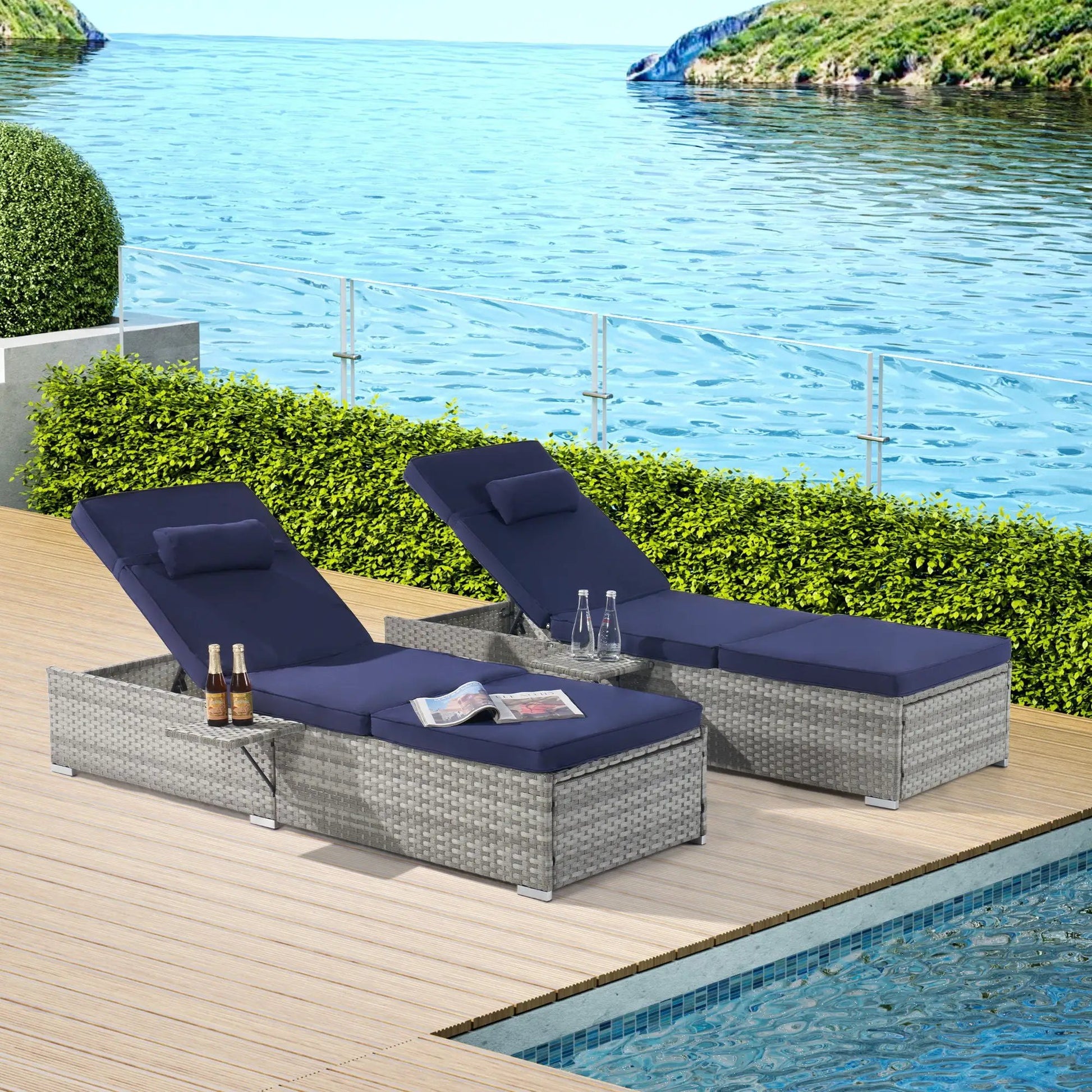 Outdoor chaise loungers in gray rattan with navy cushions, 3-piece set by Unique Piece Furniture on Tampa Home & Garden Store