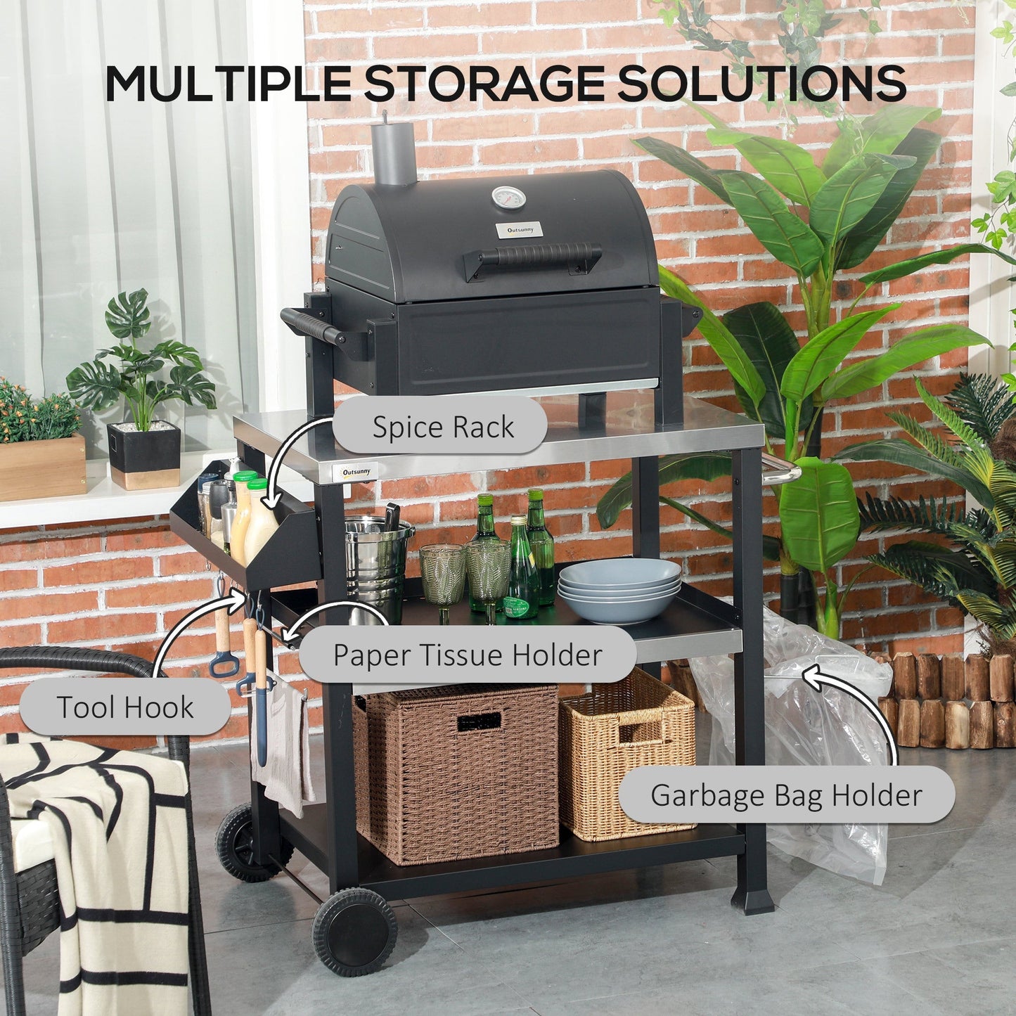Outsunny Three-Shelf Outdoor Grill Cart with Stainless Steel Tabletop spice rack on Tampa Home & Garden Store