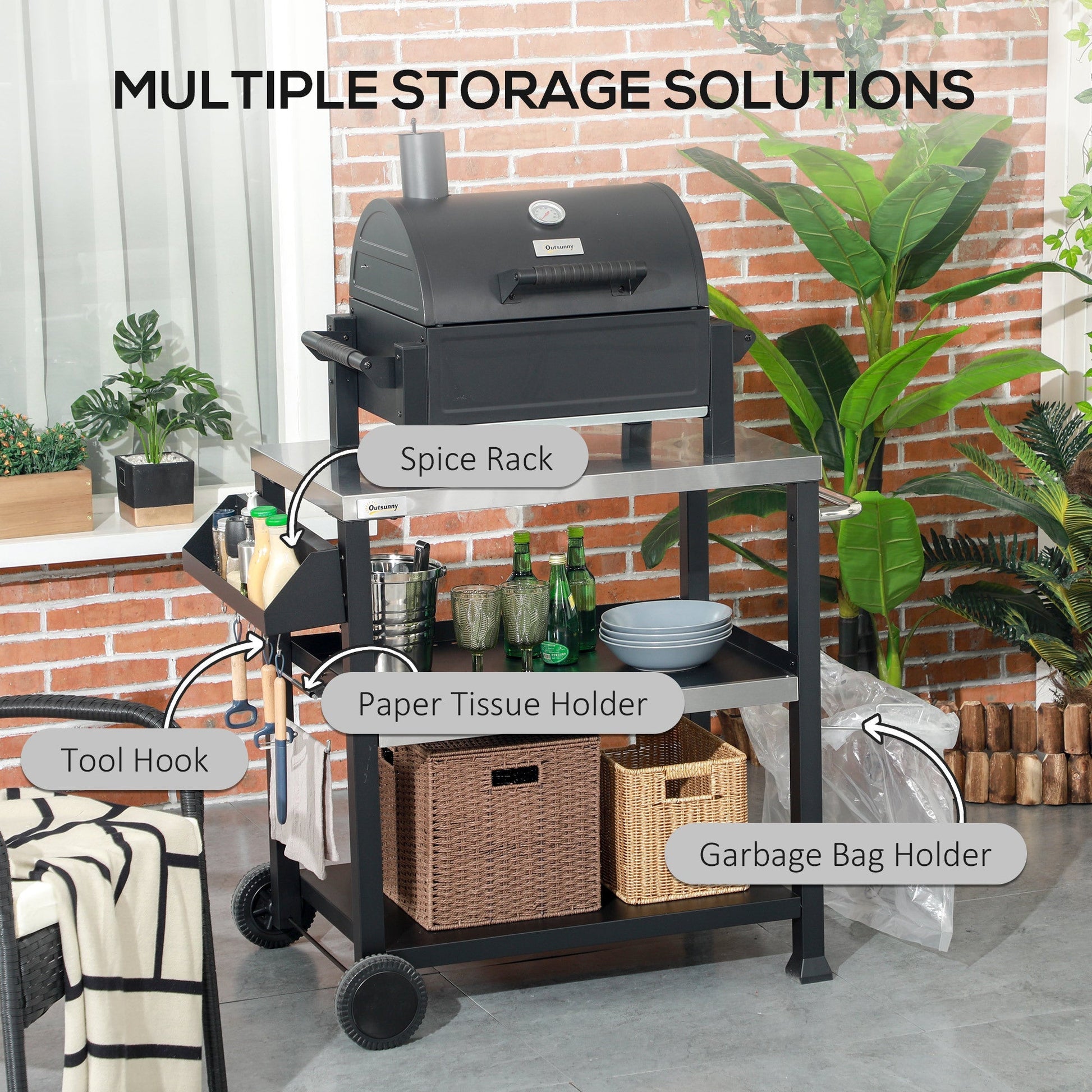 Outsunny Three-Shelf Outdoor Grill Cart with Stainless Steel Tabletop spice rack on Tampa Home & Garden Store