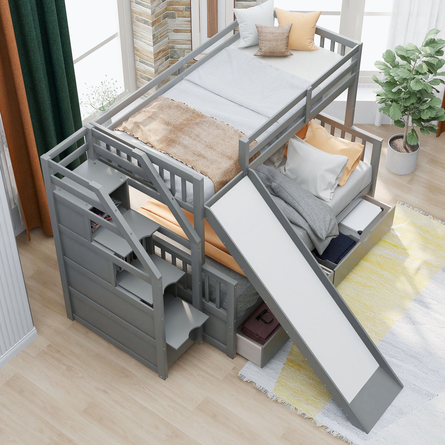 Bunk Bed With Storage Staircase and Slide in gray metal frame on Tampa Home & Garden Store