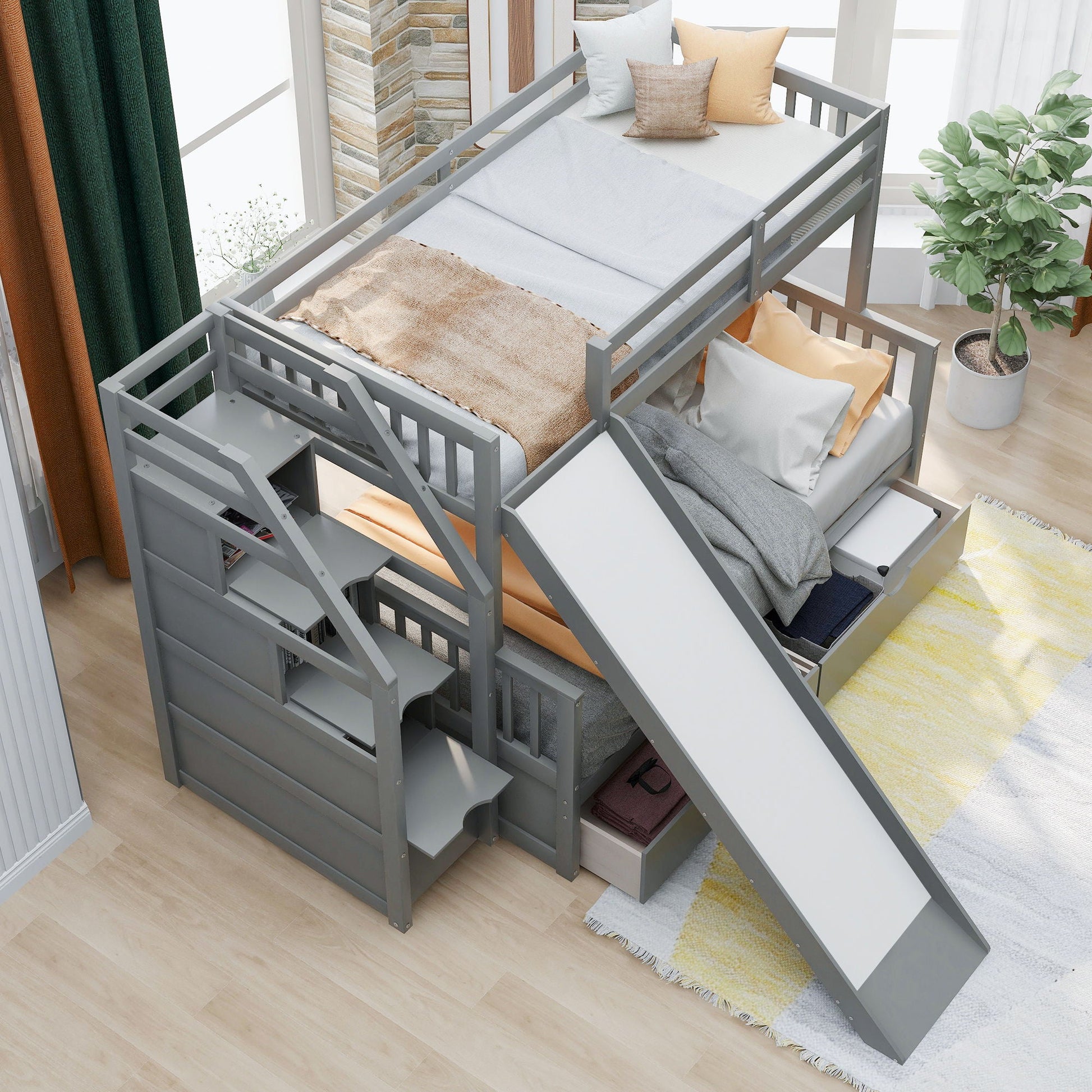 Bunk Bed With Storage Staircase and Slide in gray metal frame on Tampa Home & Garden Store