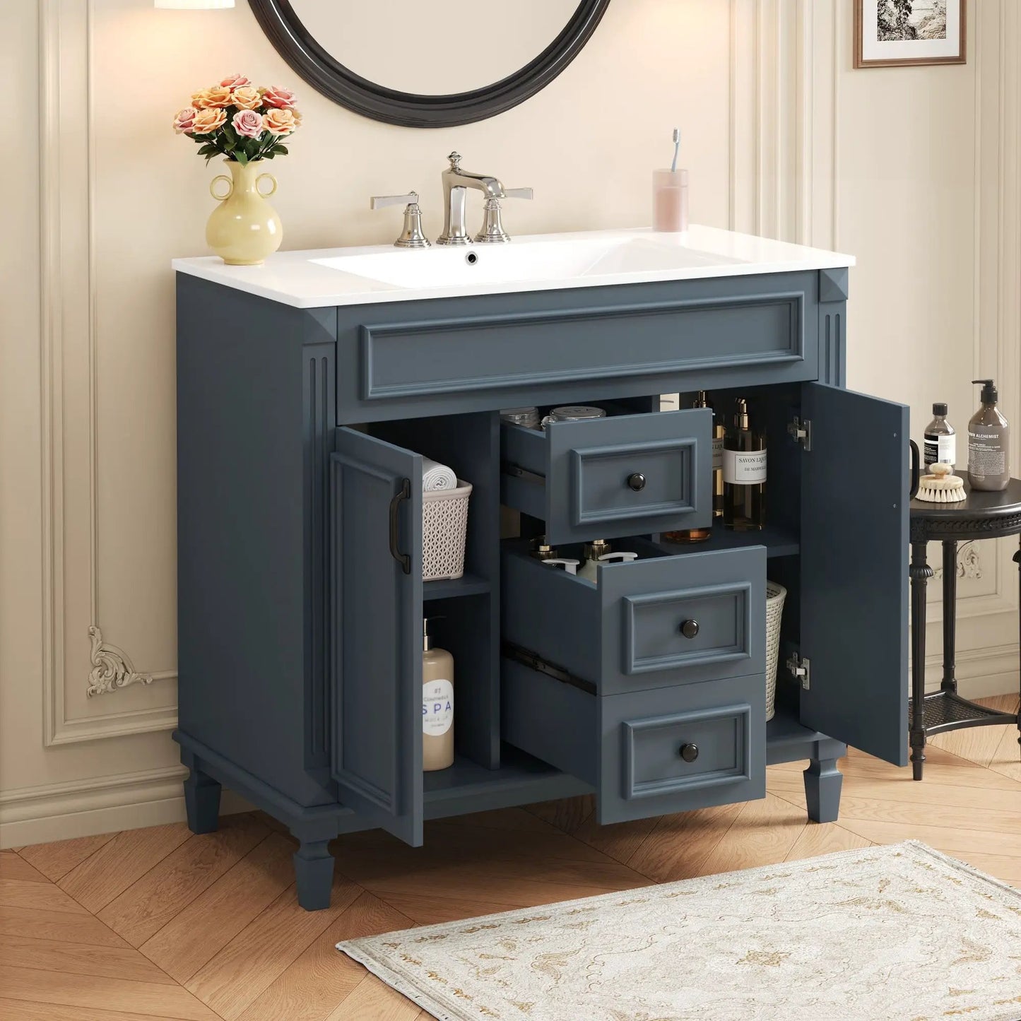 36 Inch Blue Vanity With Top Sink and Drawers