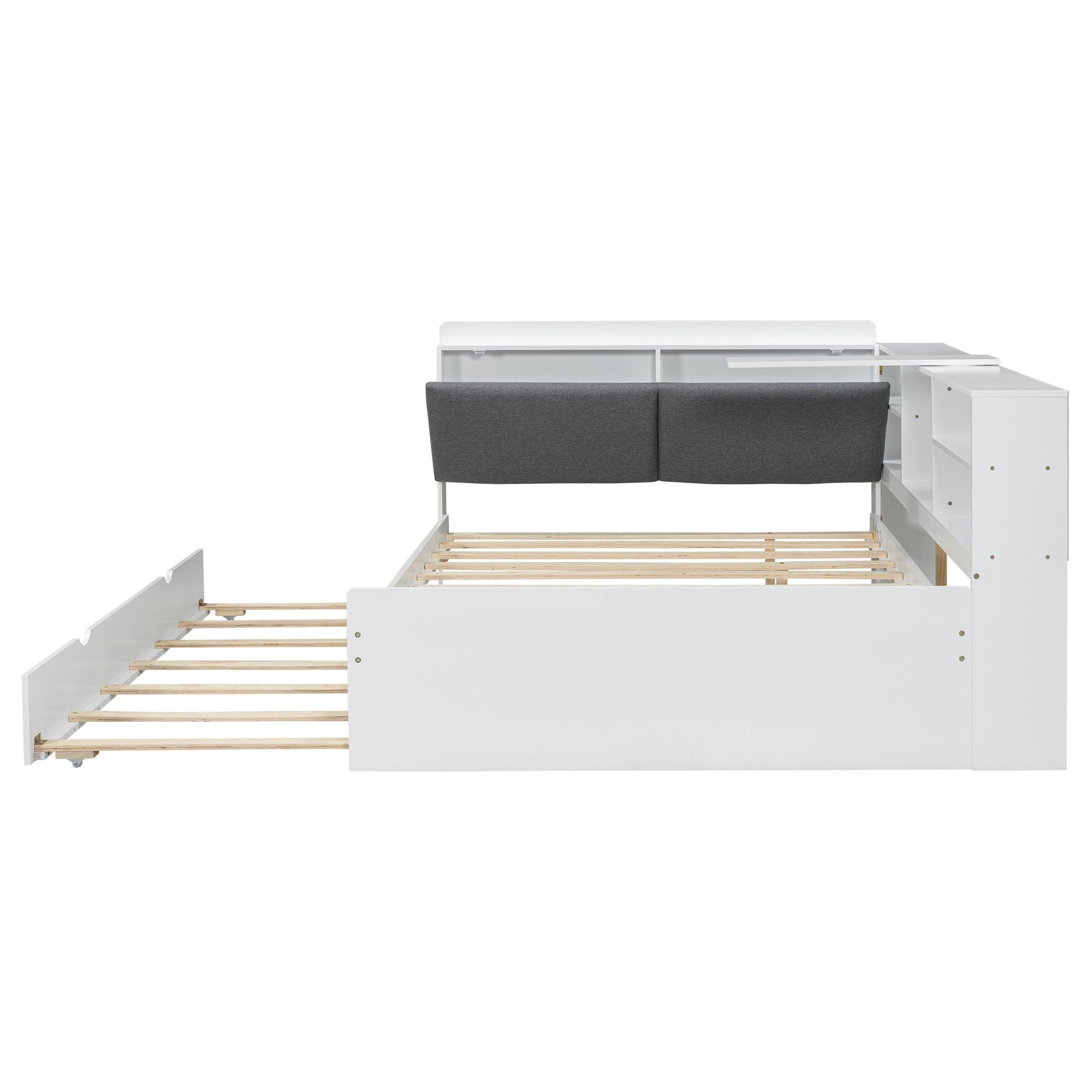 Platform bed with trundle and storage headboard, white finish with grey upholstered panel on Tampa Home & Garden Store