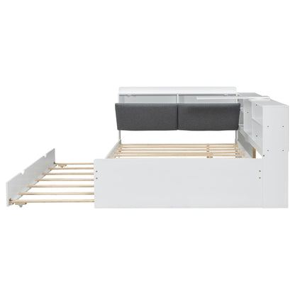 Platform bed with trundle and storage headboard, white finish with grey upholstered panel on Tampa Home & Garden Store
